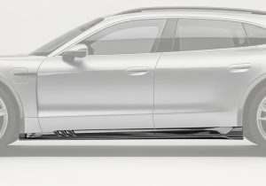 Close-up image of Porsche Taycan Carbon Fiber Side Skirts showing premium texture and finish