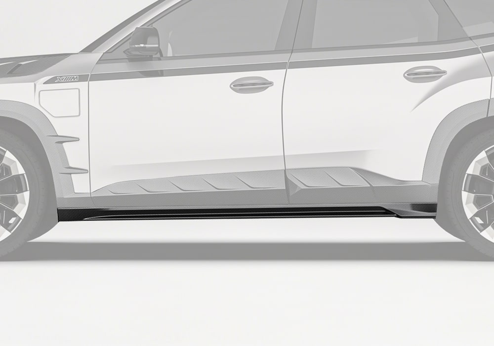 A zoomed-in photo of the side skirts showcasing the high-gloss UV-resistant carbon fiber weave pattern, emphasizing precision craftsmanship