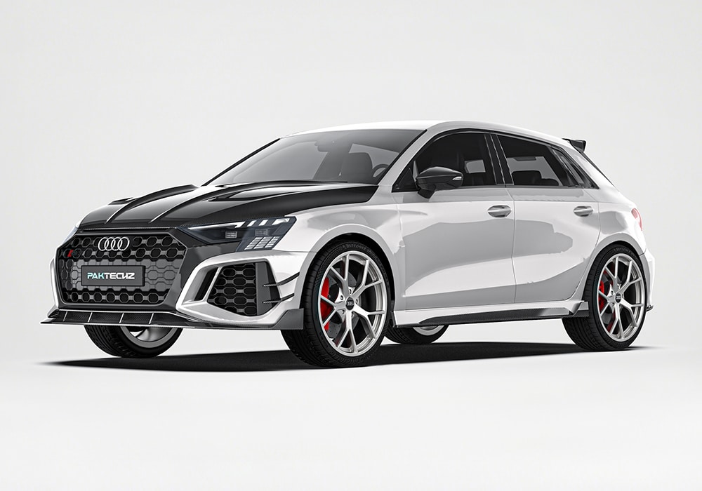 Aggressive front splitter designed to channel airflow, reduce drag, and enhance the sporty appearance of the Audi RS3