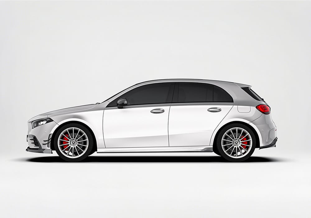 A sharp side-angle view of the vehicle with the carbon fiber side skirts, emphasizing their aerodynamic functionality and aesthetics