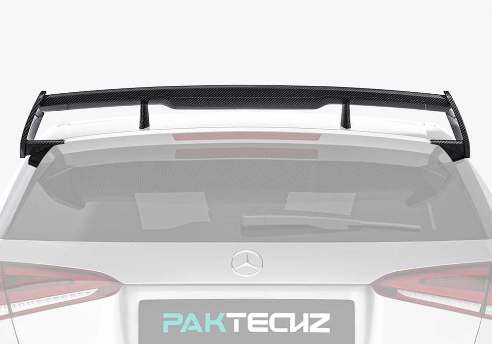 An illustration showcasing how the roof spoiler improves airflow, increases rear stability, and enhances high-speed handling performance