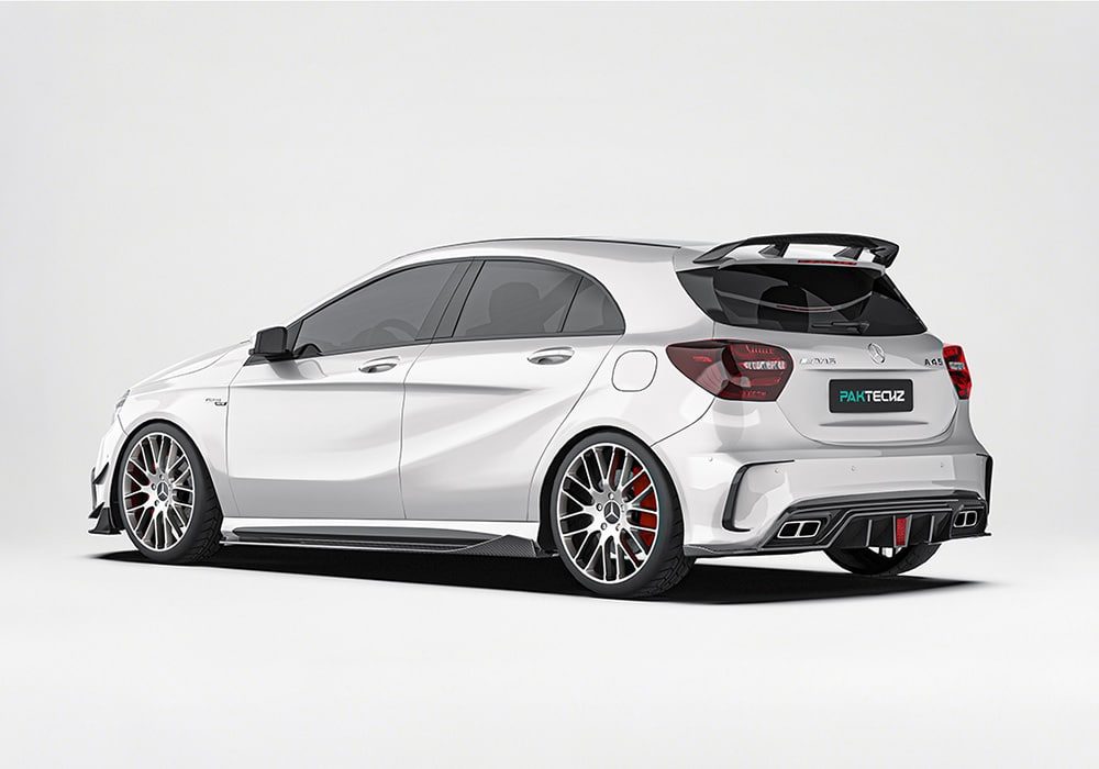 A rear-angle shot emphasizing the carbon fiber diffuser, showcasing enhanced aerodynamic functionality and a bold rear-end upgrade