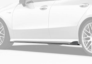 Infographic displaying how the side skirts improve airflow efficiency, reduce drag, and enhance downforce along the sides of the CLA-Class W118