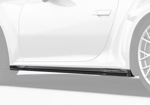 An infographic displaying the airflow benefits achieved by the Carbon Fiber Side Skirts, reducing drag and enhancing high-speed stability