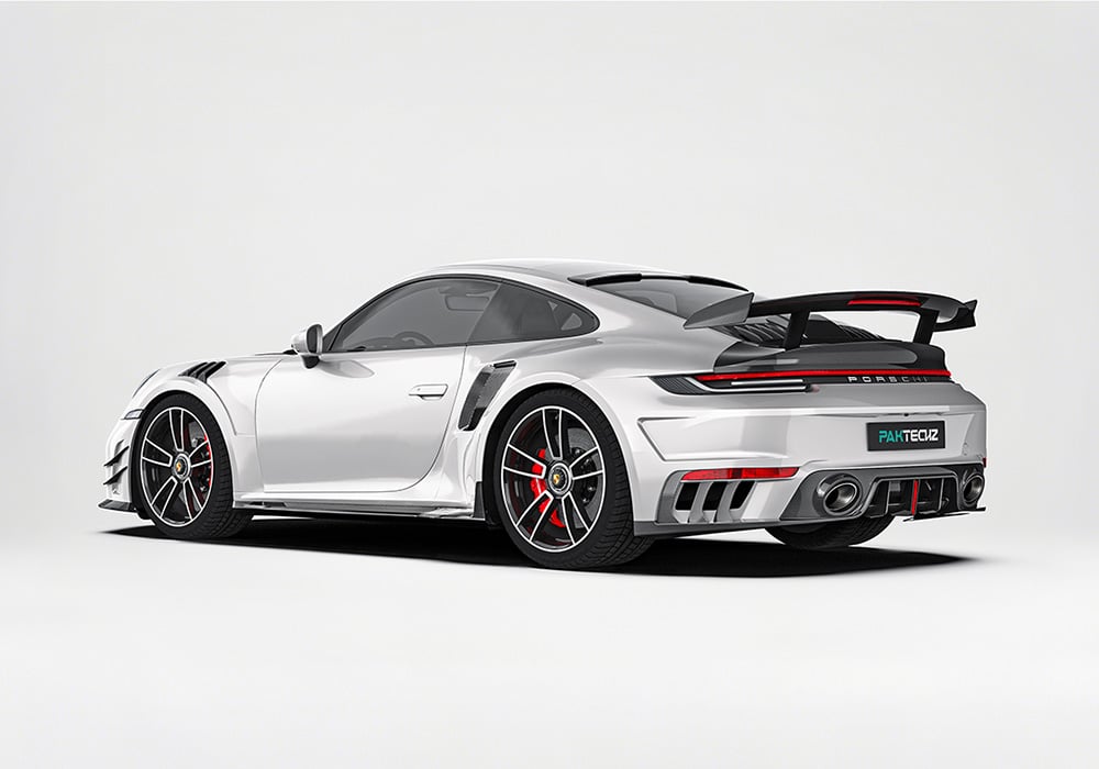 A clean side view displaying how the Carbon Fiber Aero Kit's side skirts streamline the Porsche’s profile, reducing drag for high-speed stability