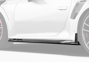 An aerodynamic diagram showing airflow improvements around the vehicle’s sides, maximizing efficiency and reducing turbulence with the Carbon Fiber Side Skirts installed