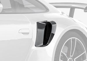 An infographic illustrating how the upgraded Carbon Fiber Side Air Intakes optimize cool air intake to the engine and brakes, improving performance and reducing overheating