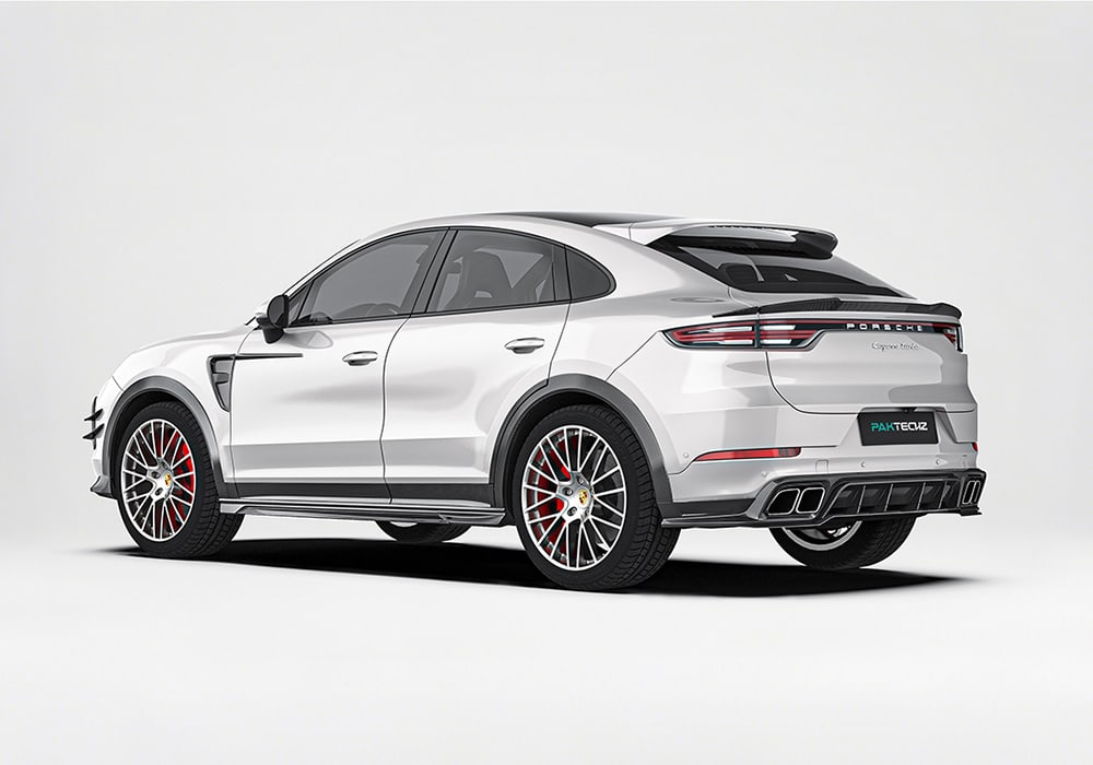 Side-by-side comparison of a stock Porsche Cayenne versus a fully upgraded version with the aerodynamic kit, emphasizing the visual and functional upgrades