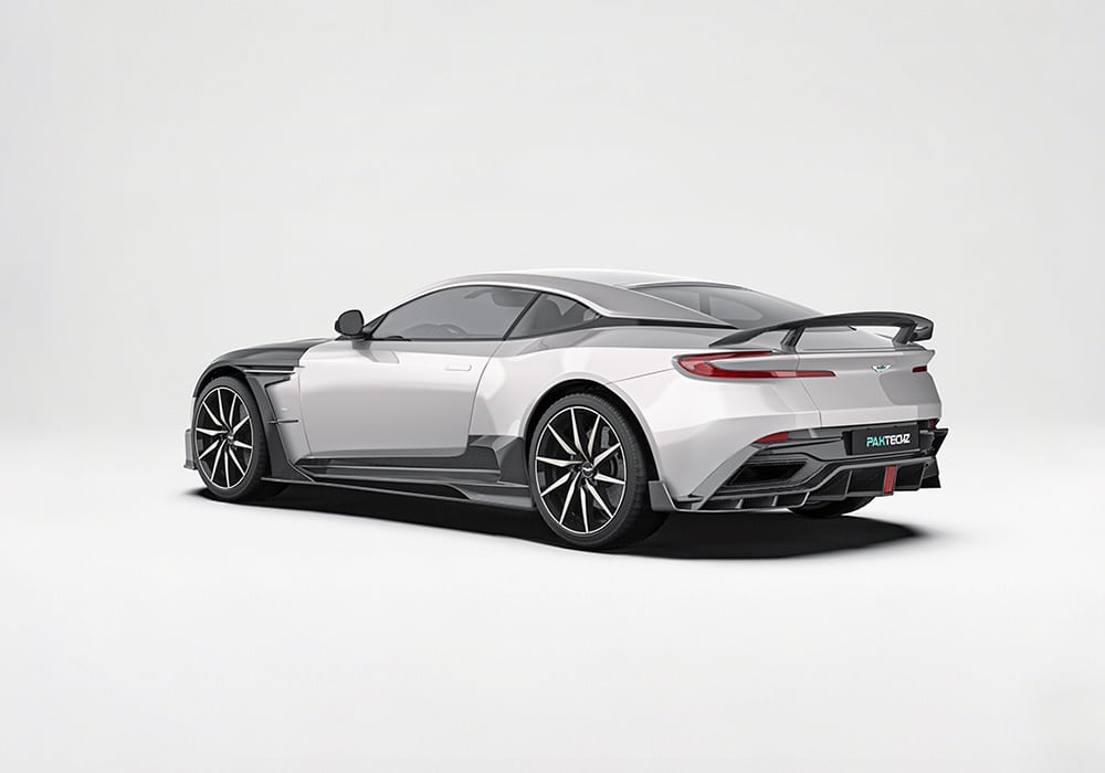 Wide view of Aston Martin DB11’s rear diffuser, boosting downforce while complementing sporty lines