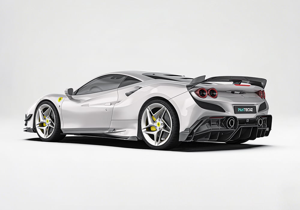 Side profile showing how the carbon fiber side skirts seamlessly connect to the Ferrari F8’s body, enhancing its aerodynamic flow