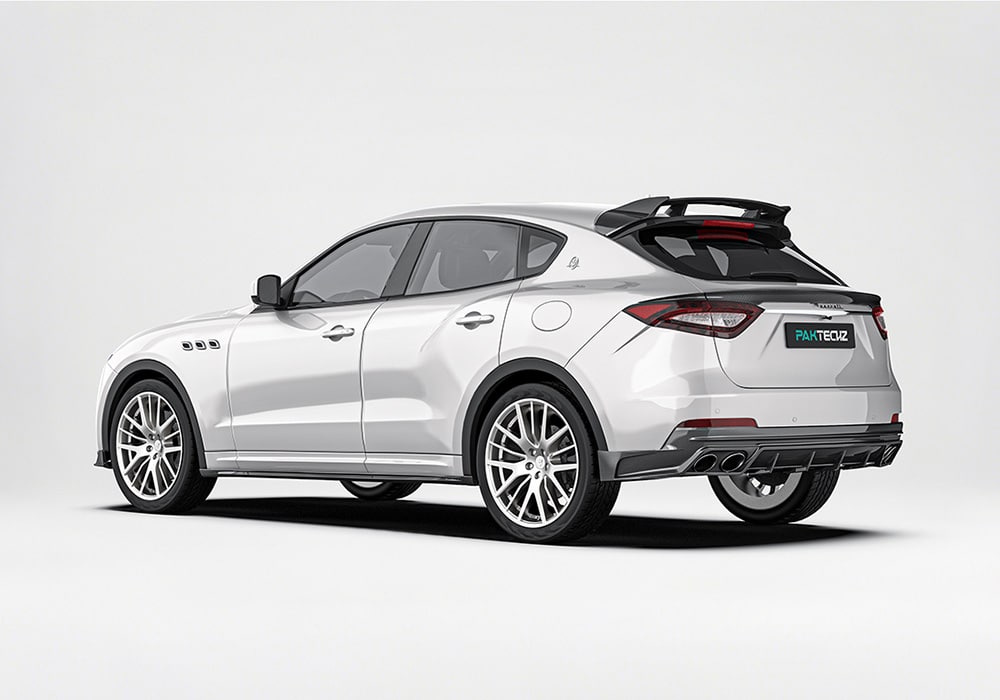 Maserati Levante side profile, showcasing the elegant integration of carbon fiber side skirts to enhance the vehicle's silhouette