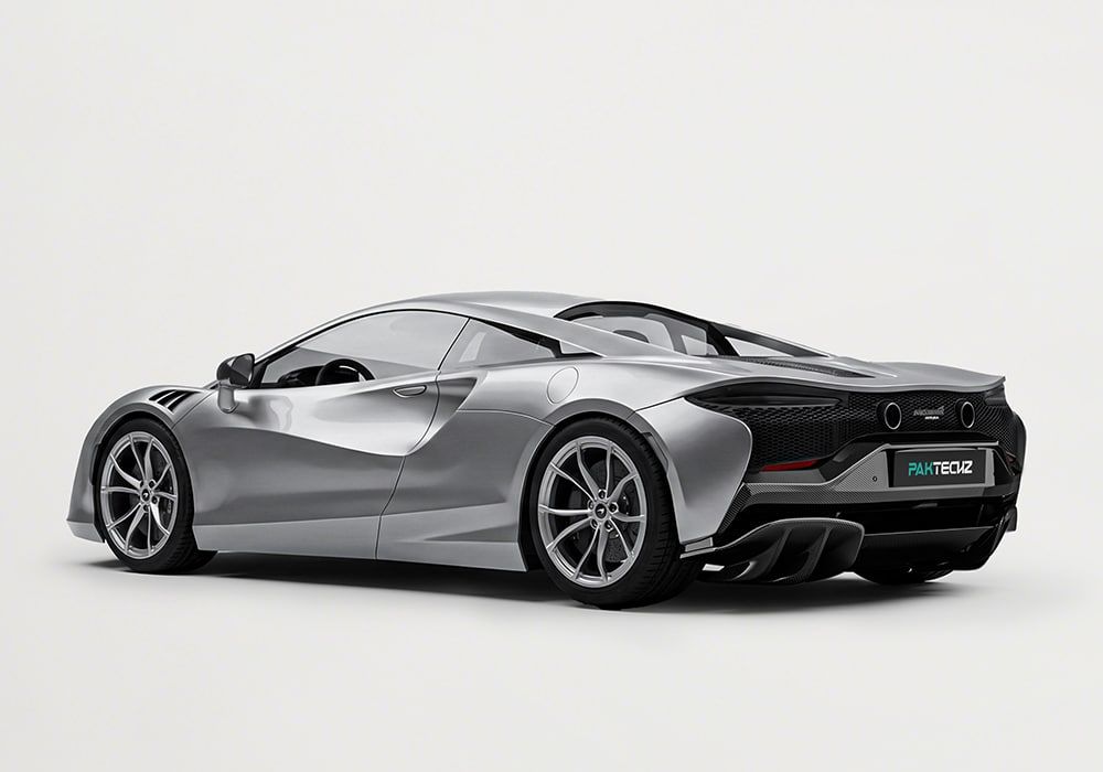 Side view of McLaren Artura with carbon fiber side skirts enhancing aerodynamics and elegance