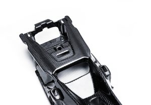View from the driver's seat of the Ferrari F8, with the Carbon Fiber Center Console Bridge prominently displayed