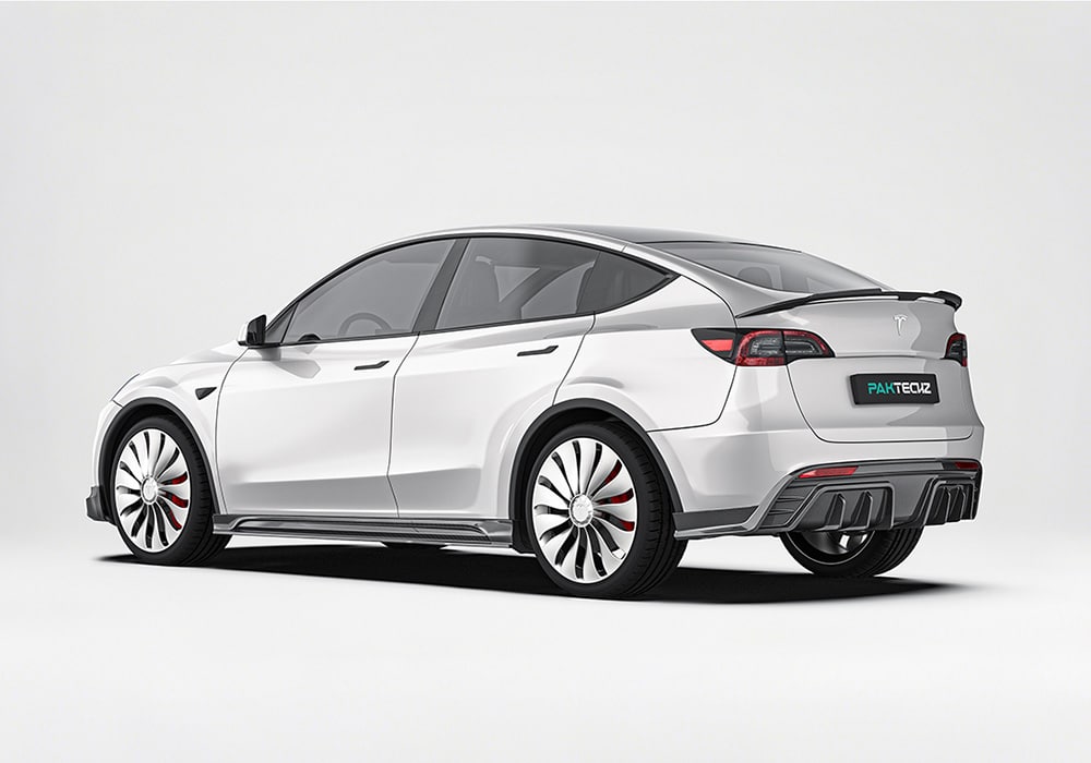 Angled shot showcasing how the side skirts enhance the aerodynamic design and side profile of the Tesla Model Y