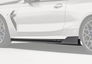 An angled view of the side skirt seamlessly merging with the vehicle’s factory bodylines, emphasizing its precise fitment