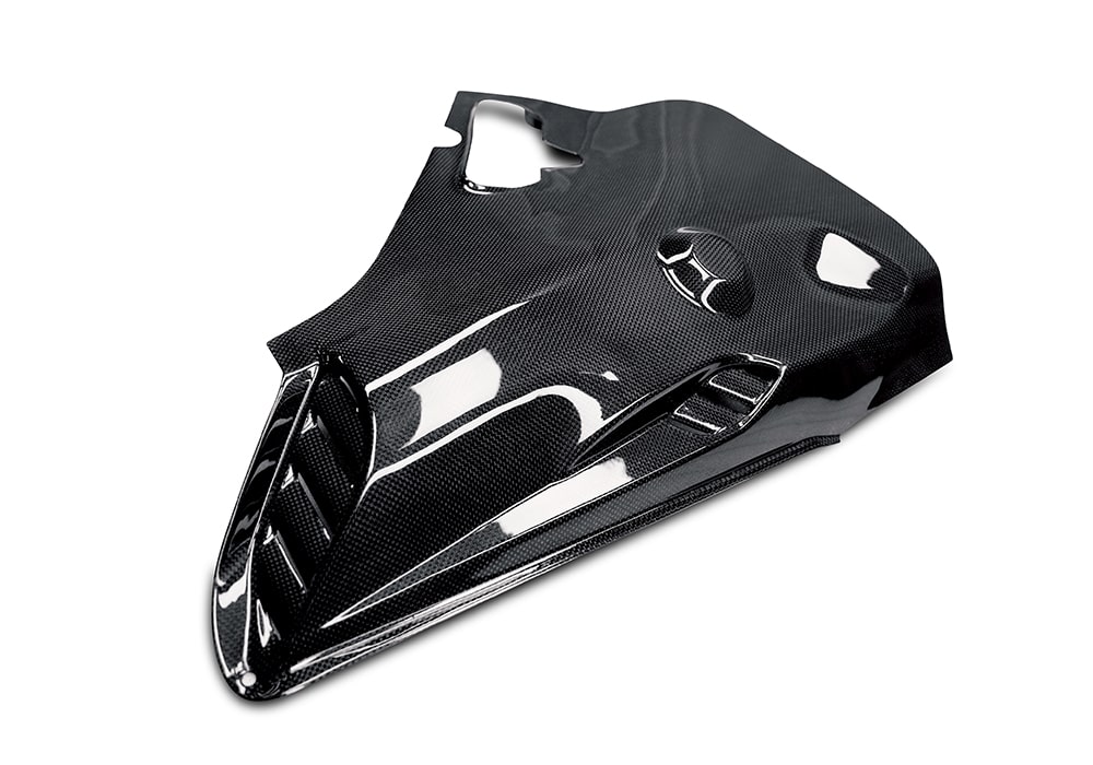 Labeled visual of Ferrari Purosangue Carbon Fiber Engine Bay Covers, detailing integrated component locations