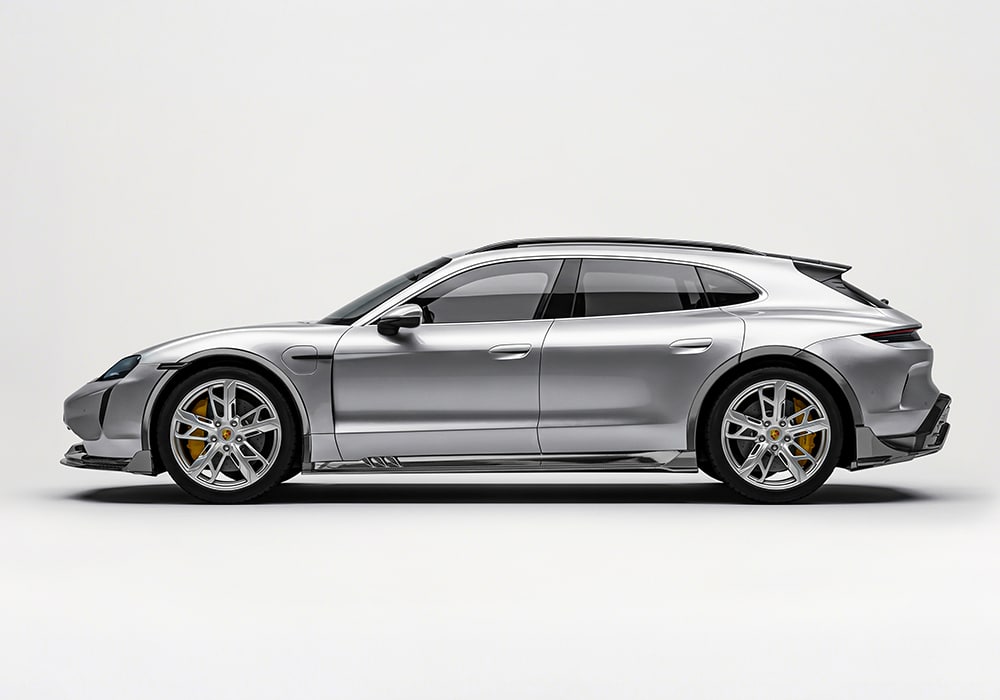 Side view of Porsche Taycan with Carbon Fiber Side Skirts emphasizing its aerodynamic profile