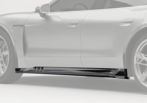 Angled shot of Porsche Taycan fitted with Carbon Fiber Side Skirts showing seamless integration