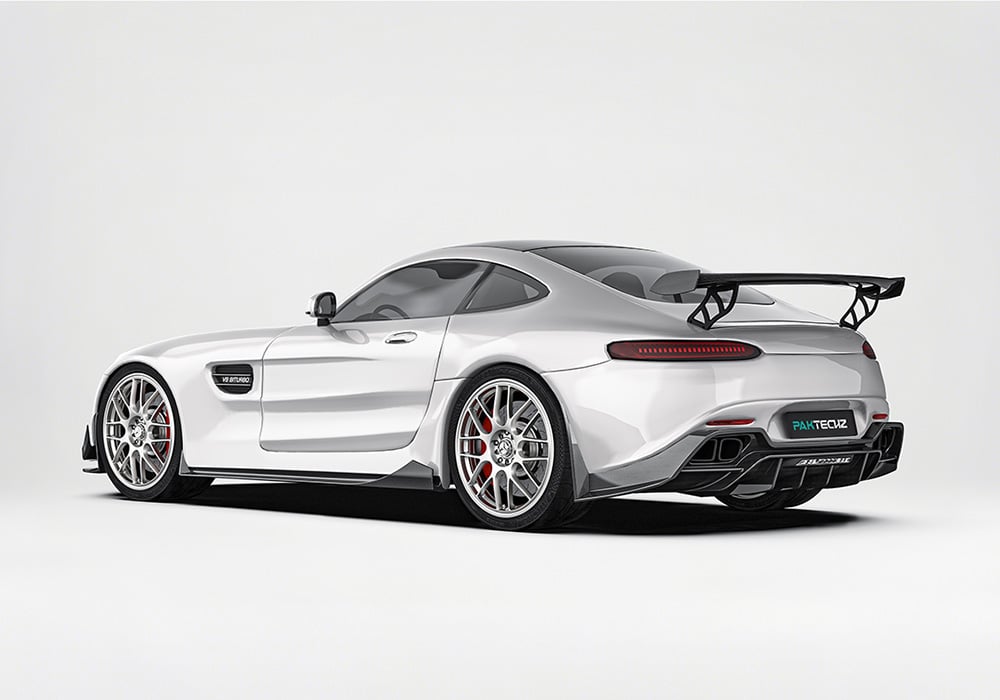 A clear rear angle image illustrating the Carbon Fiber Rear Diffuser and Rear Spoiler, highlighting their integration into the AMG’s sporty profile