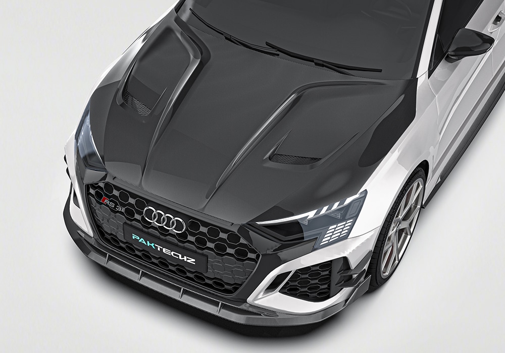 Precision-engineered carbon fiber side skirts seamlessly fitted to Audi RS3, emphasizing improved aerodynamics and bold styling