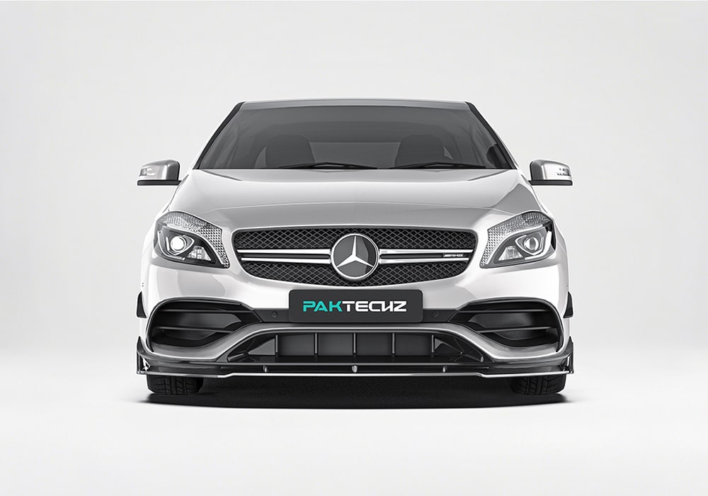 Action shot of the Mercedes Benz A-Class (W176) in motion, demonstrating how the aerodynamics kit adds both performance boosts and stylish flair on the road