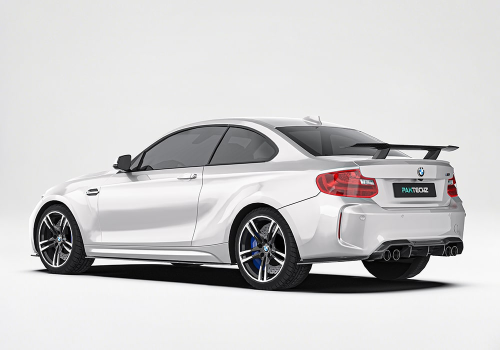 Intricate view of the rear diffuser and carbon fiber spoiler, illustrating aerodynamic benefits and sporty accents