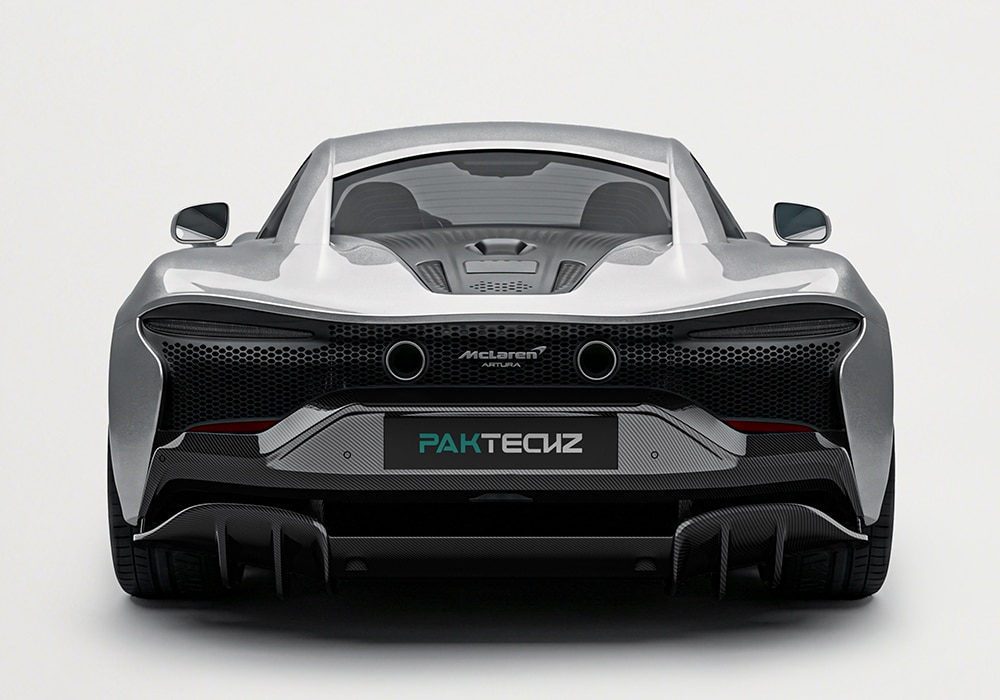 Rear view of McLaren Artura showcasing the bold, aerodynamic carbon fiber rear diffuser