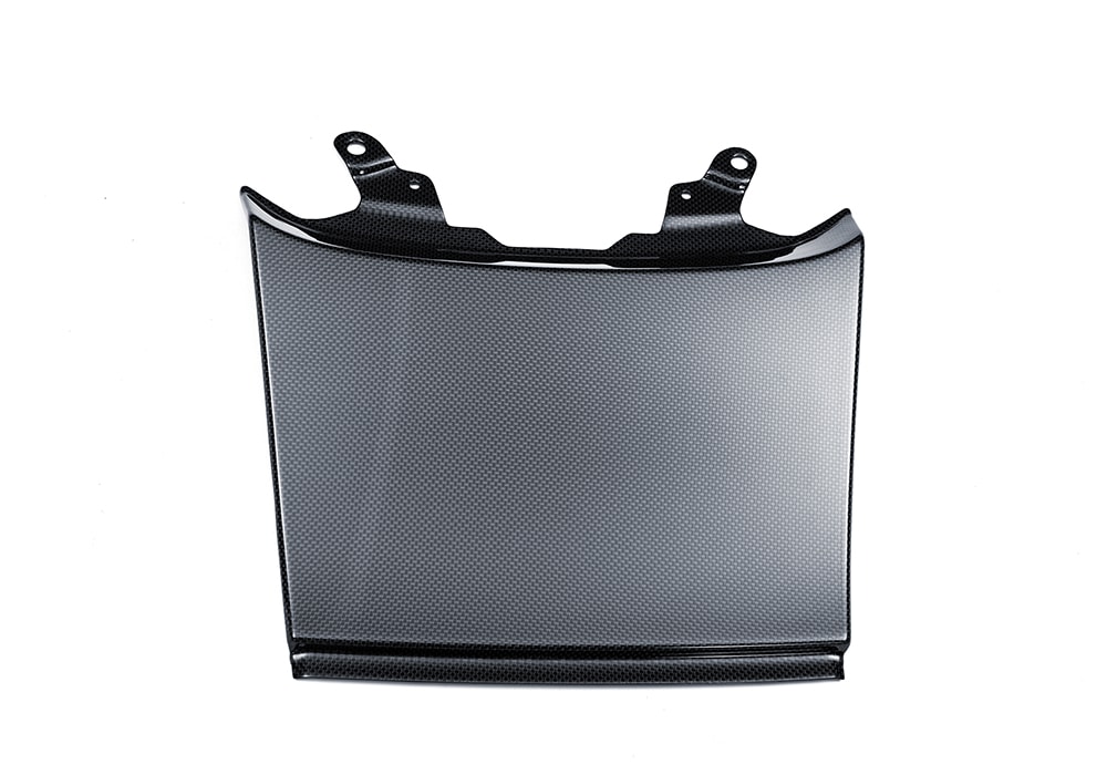 Studio image of Ferrari SF90 Spider Carbon Fiber Engine Bay Cover, highlighting its aerodynamic design