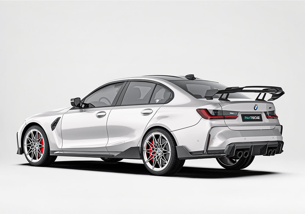 Close-up display of the carbon fiber rear diffuser, illustrating its intricate craftsmanship and effective functionality for drag reduction