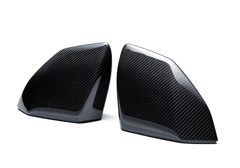 Rear view of Lamborghini Revuelto Carbon Fiber Mirror Covers perfectly matching the car’s aerodynamic design