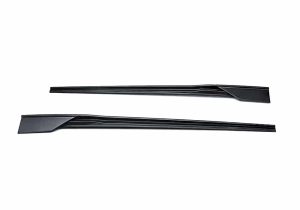 A comparative image showing the BMW M8 without side skirts installed versus after installation of the Carbon Fiber Side Skirts, highlighting the enhanced aesthetics.