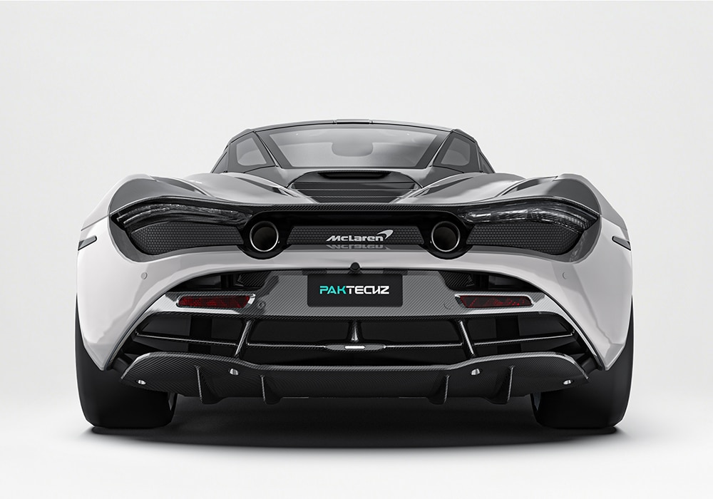 Rear view of McLaren 720S Carbon Fiber Rear Diffuser with aggressive aerodynamic fin design