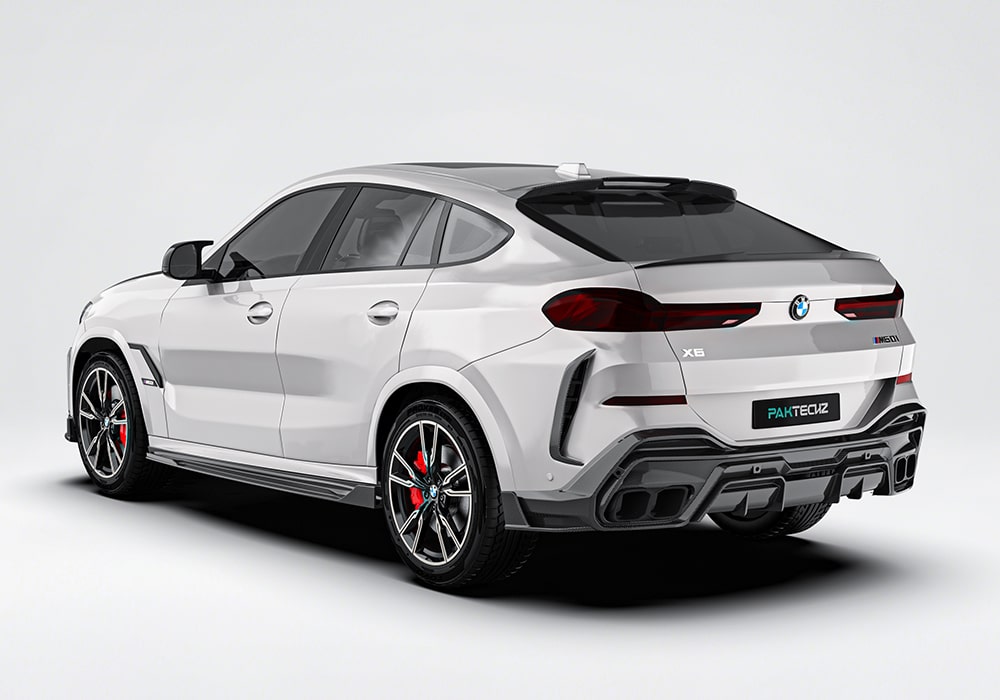 Side view of the BMW X6 G06, showcasing the bold carbon fiber side skirts improving the vehicle's sleek lines and airflow optimization