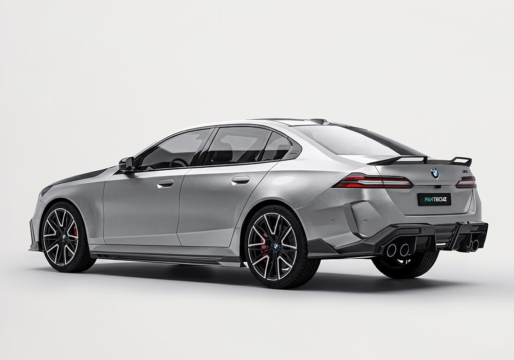 Before and after images of BMW M5 (G90) without and with Carbon Fiber Aero Kit installed, illustrating improved styling and stance