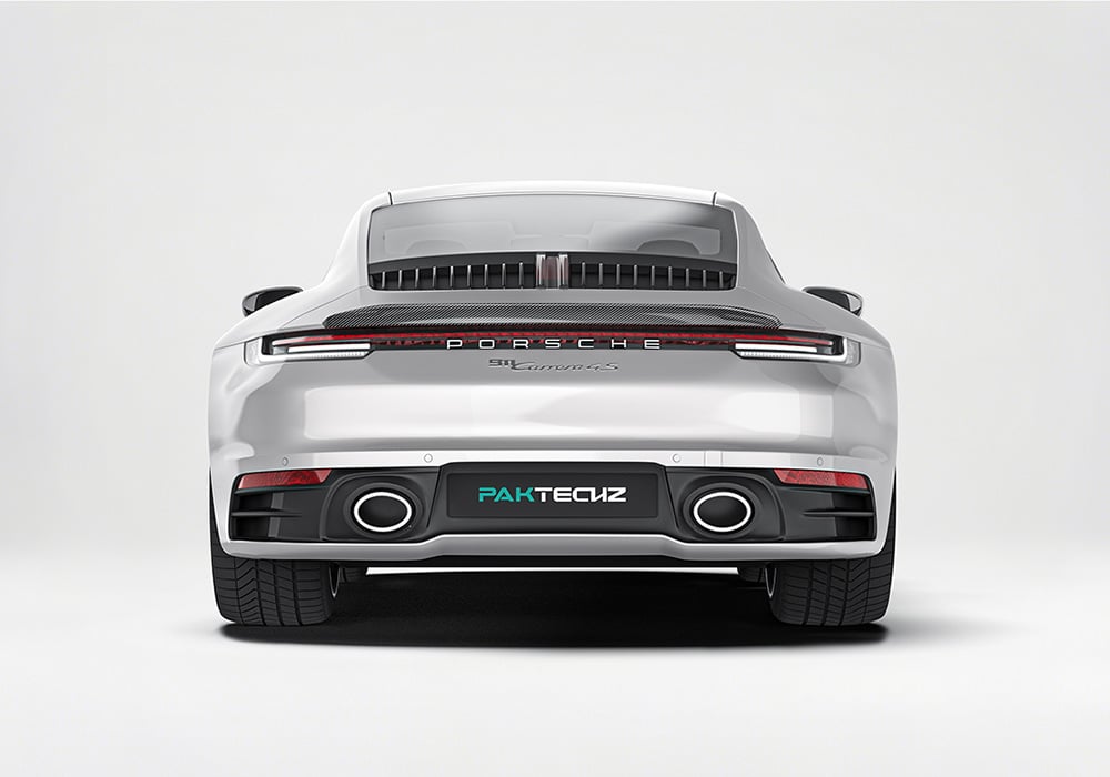 Side-by-side images of the Porsche 911 992.1 before and after the installation of the Carbon Fiber Aero Kit, highlighting the dramatic transformation of the car's styling and stance