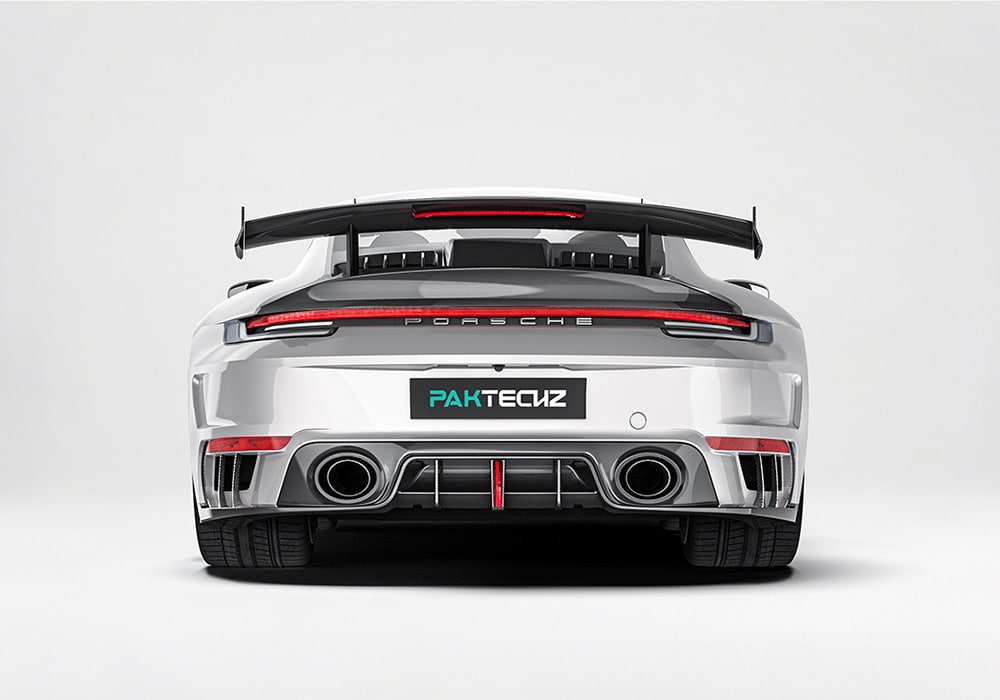 A visual comparison of the stock Porsche Turbo S versus the upgraded model with the Carbon Fiber Aero Kit, illustrating the transformation in styling and aerodynamic benefits