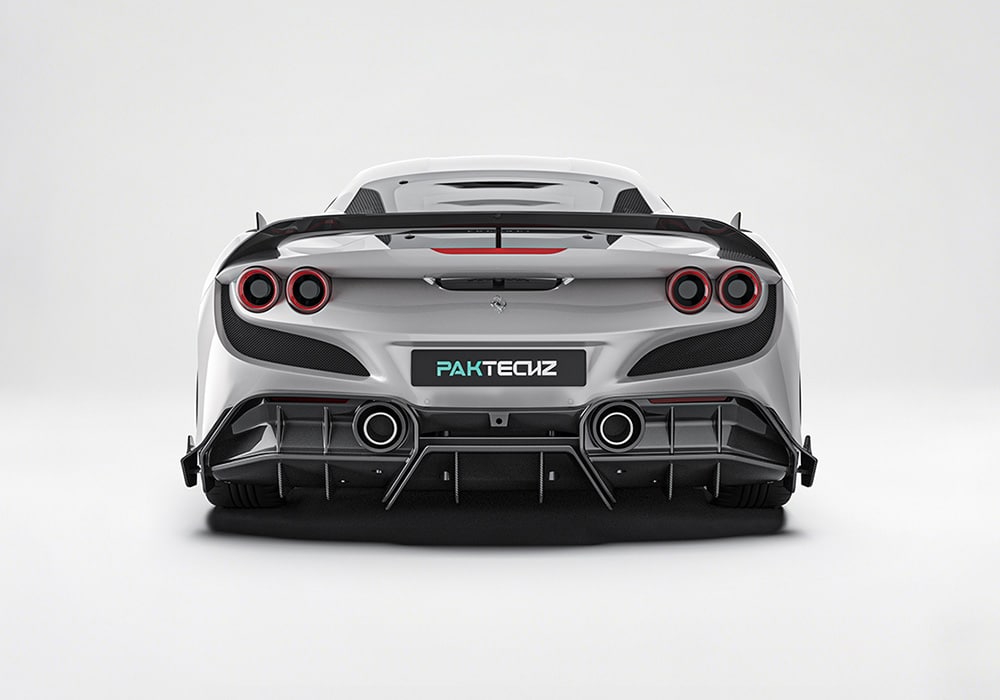 Racing scene showcasing the Ferrari F8 with the carbon fiber spoiler activation, improving downforce during high-speed driving