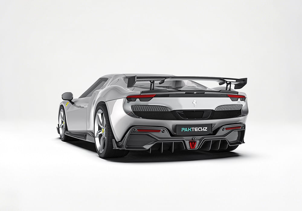 Complete Ferrari 296 GTB/GTS Carbon Fiber Aero Kit including front splitter, side skirts, and rear diffuser