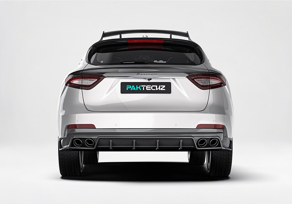 Rear angle shot focusing on the carbon fiber roof spoiler, designed to improve airflow and add an athletic edge