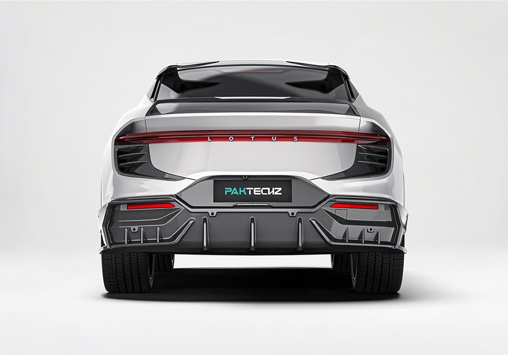 Aggressive carbon fiber rear wing designed for superior downforce and bold styling at the Eletre's rear