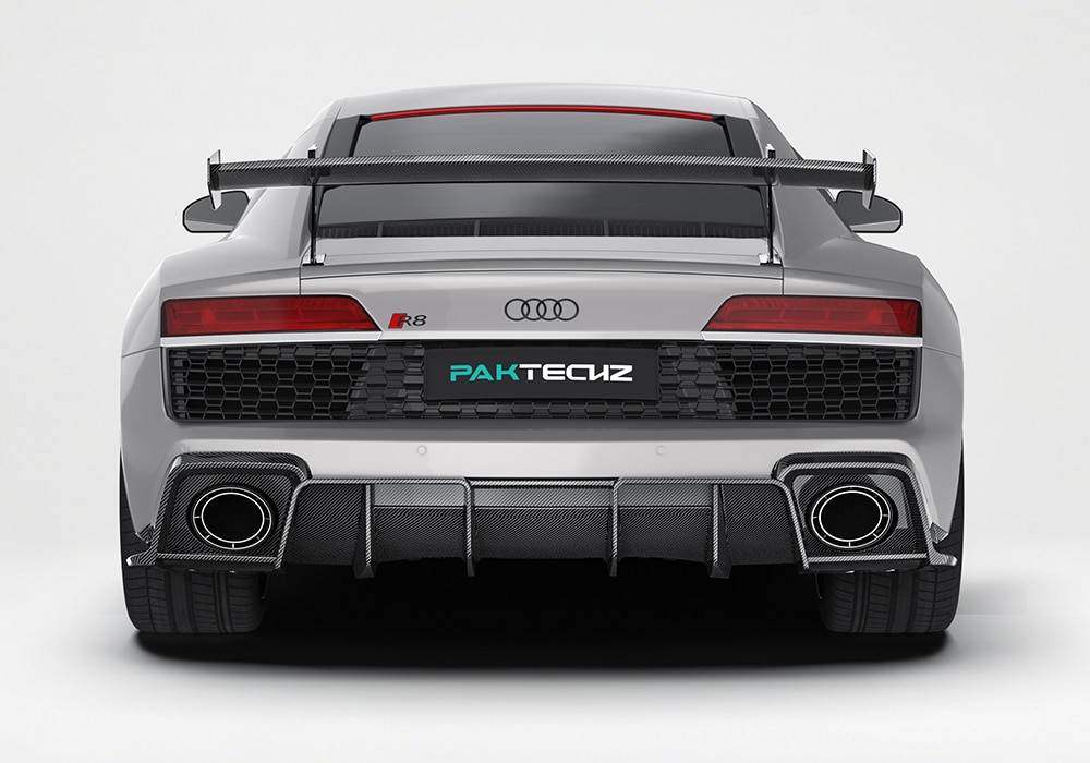 Side-by-side comparison showing how the carbon fiber body kit dramatically transforms both styling and aerodynamic performance