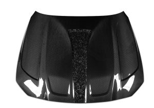 A bottom angle shot showing the carbon fiber build under the hood, highlighting the lightweight structural design that reduces overall vehicle weight