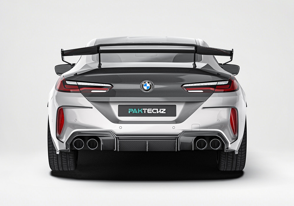 A rear-view shot capturing the carbon fiber spoiler, illustrating its aerodynamic function and sleek, race-inspired lines