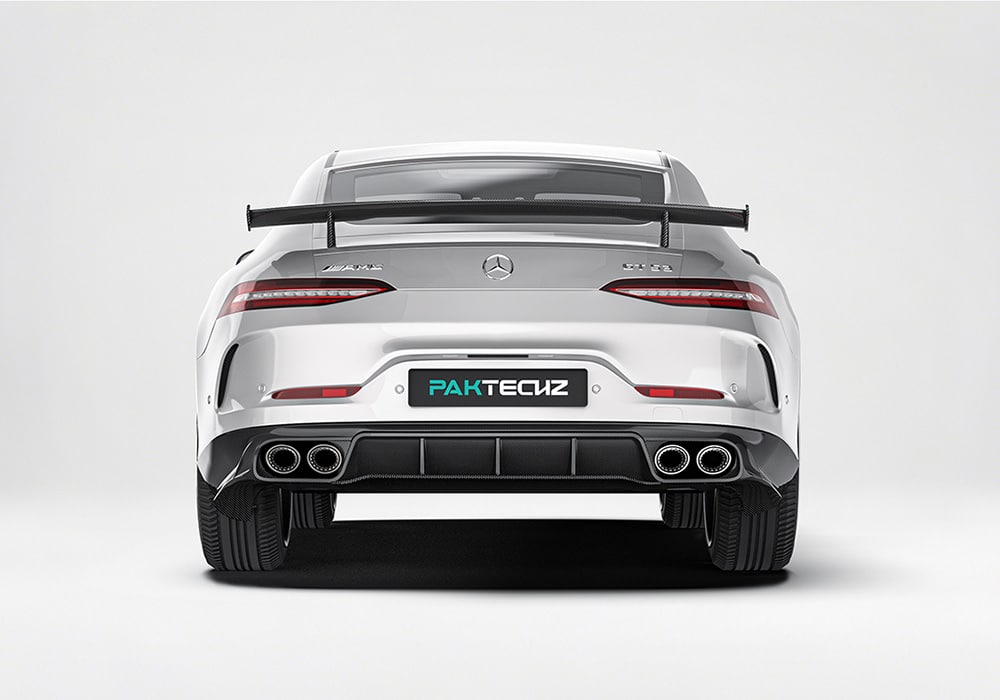 A comparison showing the dramatic visual and aerodynamic improvements of the Benz AMG GT43/GT50/GT53 after installing the Carbon Fiber Aerodynamics Kit