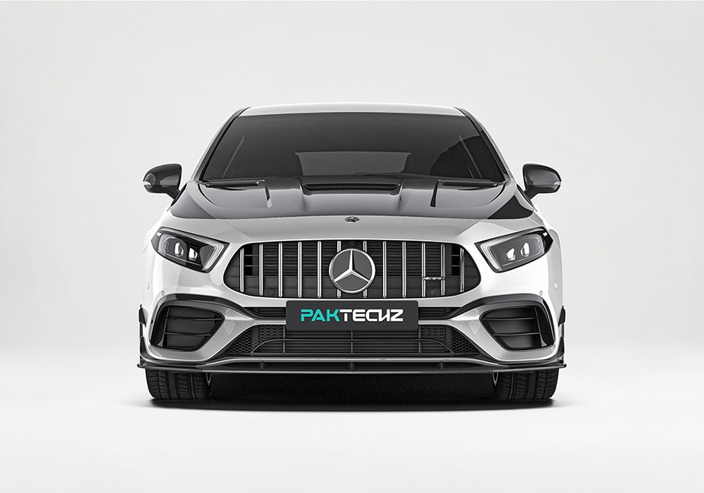 A comparison image showing the A-Class W177 before and after the body kit was installed, highlighting the visual transformation
