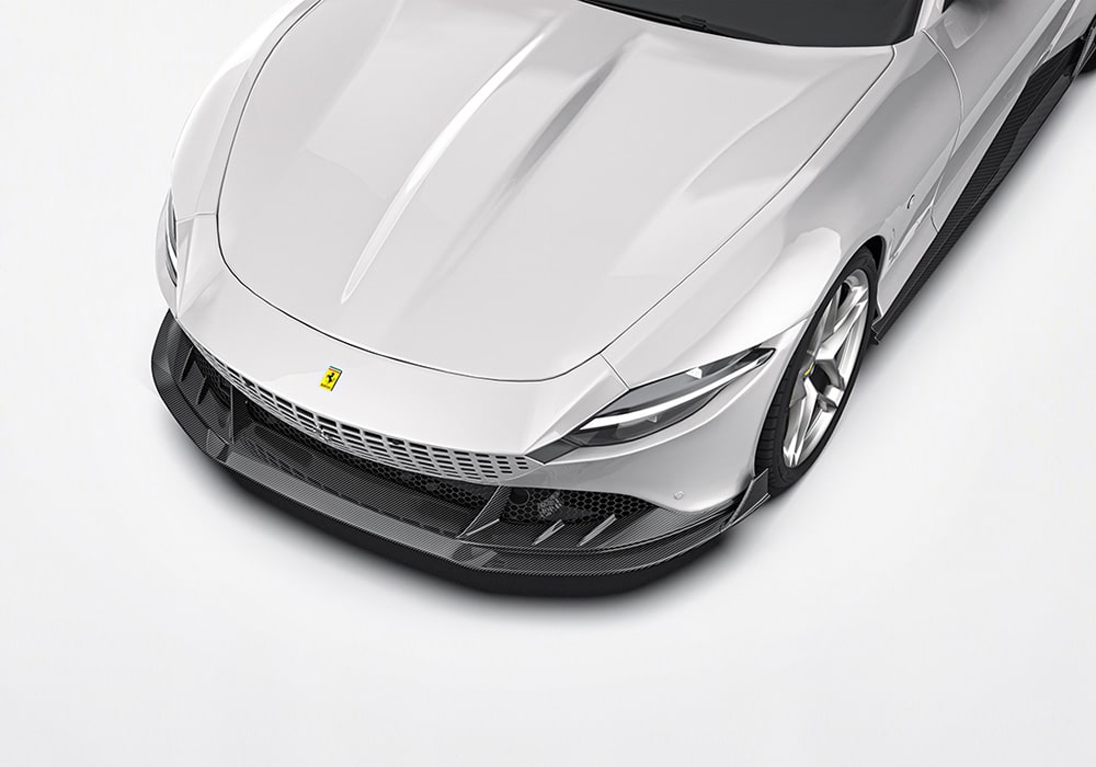 Ferrari Roma testing the body kit’s aerodynamic enhancements during a high-speed road test, highlighting the improved stability and reduced drag
