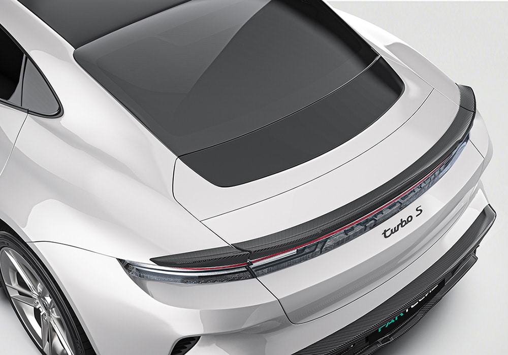 A split-image comparison of stock Taycan features versus the upgraded Carbon Fiber Aero Kit, highlighting visual and functional benefits