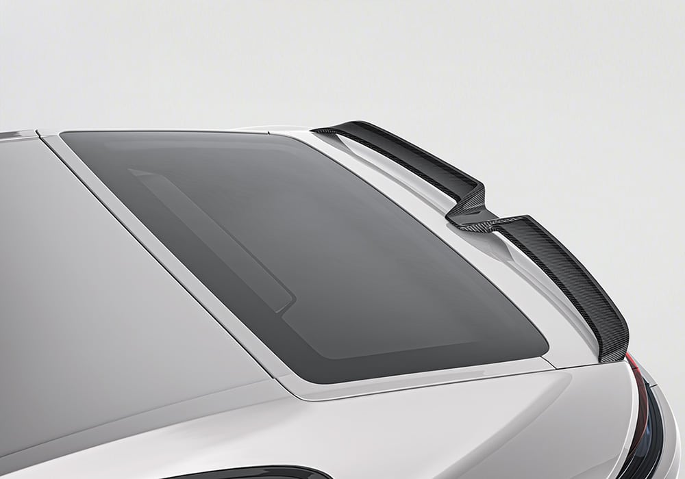 Side-by-side comparison of a factory Panamera profile versus the refined side and rear enhancements featuring the added aerodynamics kit components