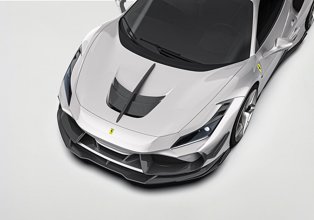Visual comparison displaying the Ferrari F8 before and after installation of the Carbon Fiber Aerodynamics Kit, emphasizing the striking aesthetic upgrade