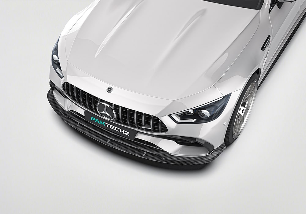 front-to-rear perspective of the Benz AMG GT43/GT50/GT53, showcasing the integrated components of the aerodynamics kit, including the spoiler, side skirts, and diffuser
